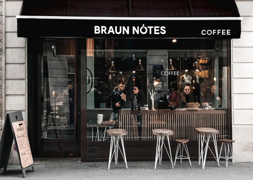 Cafe exterior with a branding