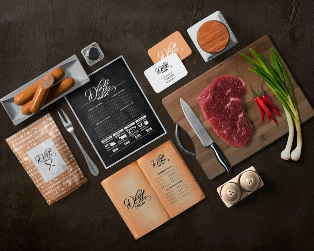 Multiple commonly used items in restaurants, put on a table, creating an image of a restaurant branding